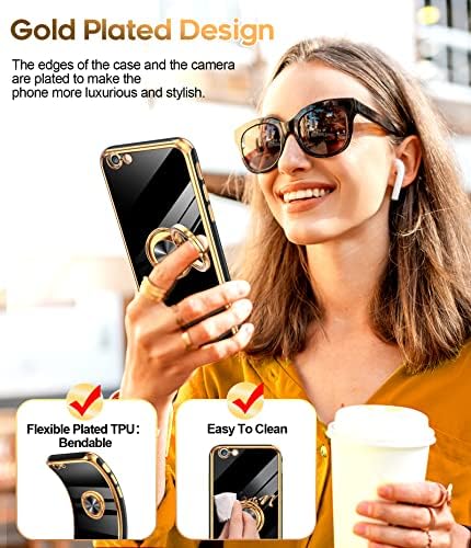 ליי למארז אייפון 6, מארז אייפון 6 עם מגן מסך זכוכית מחוסמת [2 מארז] 360 מחזיק טבעת מסתובב מעמד מגנטי, ציפוי מארז אייפון 6 מגן קצה זהב ורוד, שחור